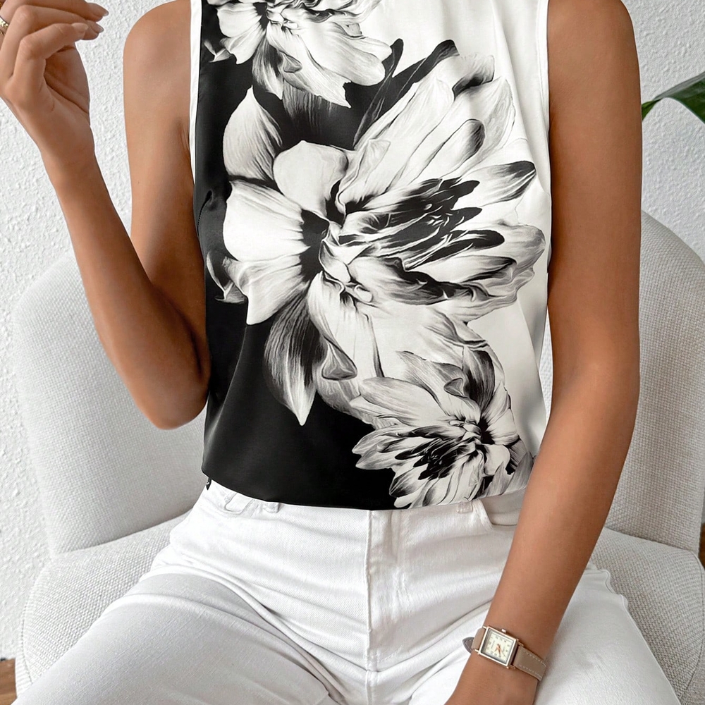 BLACK & WHITE SLEEVELESS TOP WITH MANDARIN COLLAR